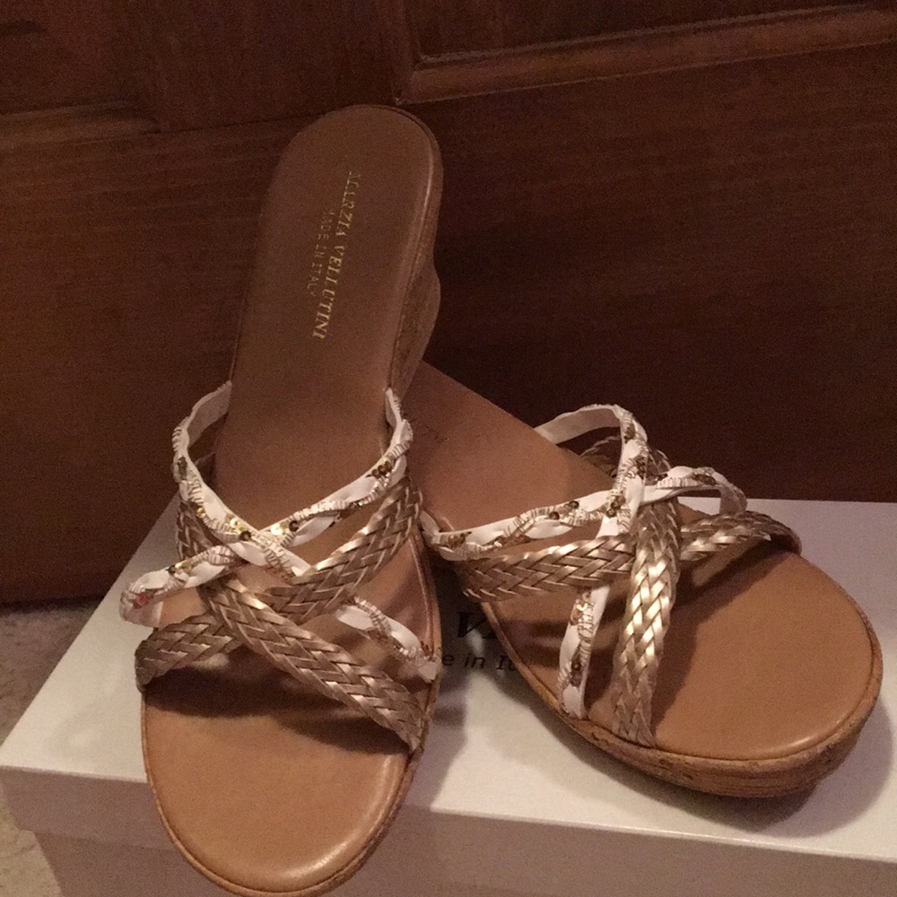 Marzia Vellutini Wedge Gold & White Sandals Sz 9.5